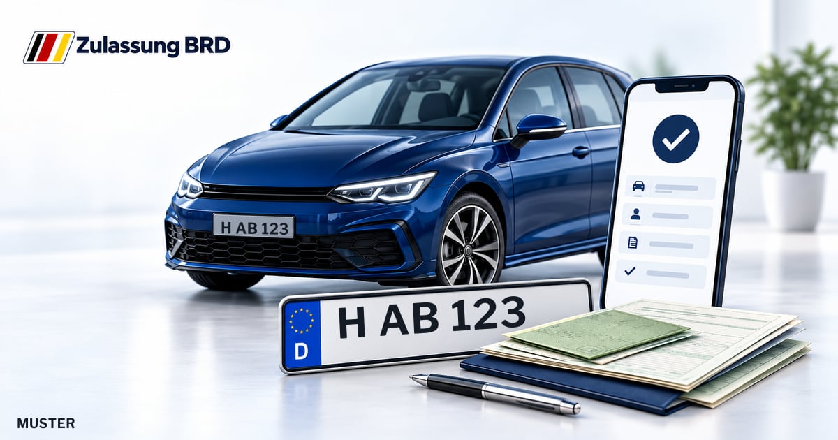 Online Fahrzeugzulassung in Hemmingen: Musterkennzeichen H AB 123, Auto und Fahrzeugpapiere und Smartphone. Illustration mit Logo von Zulassung BRD.